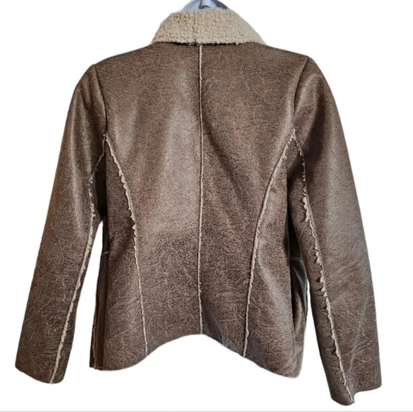 Forever 21 Faux Leather Sherpa Jacket S Brown Shearling Moto Drape Y2K Glam - Picture 7 of 11